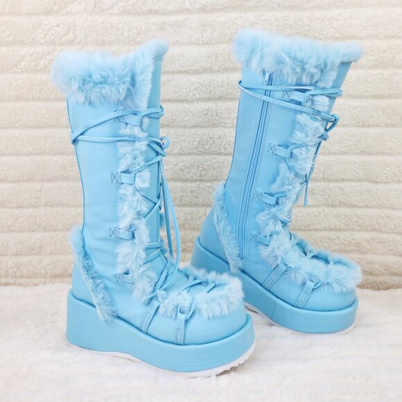 Baby Blue Pastel Goth 311 Platform Furry Faux Fur Stomper Knee Boots - Picture 3 of 16